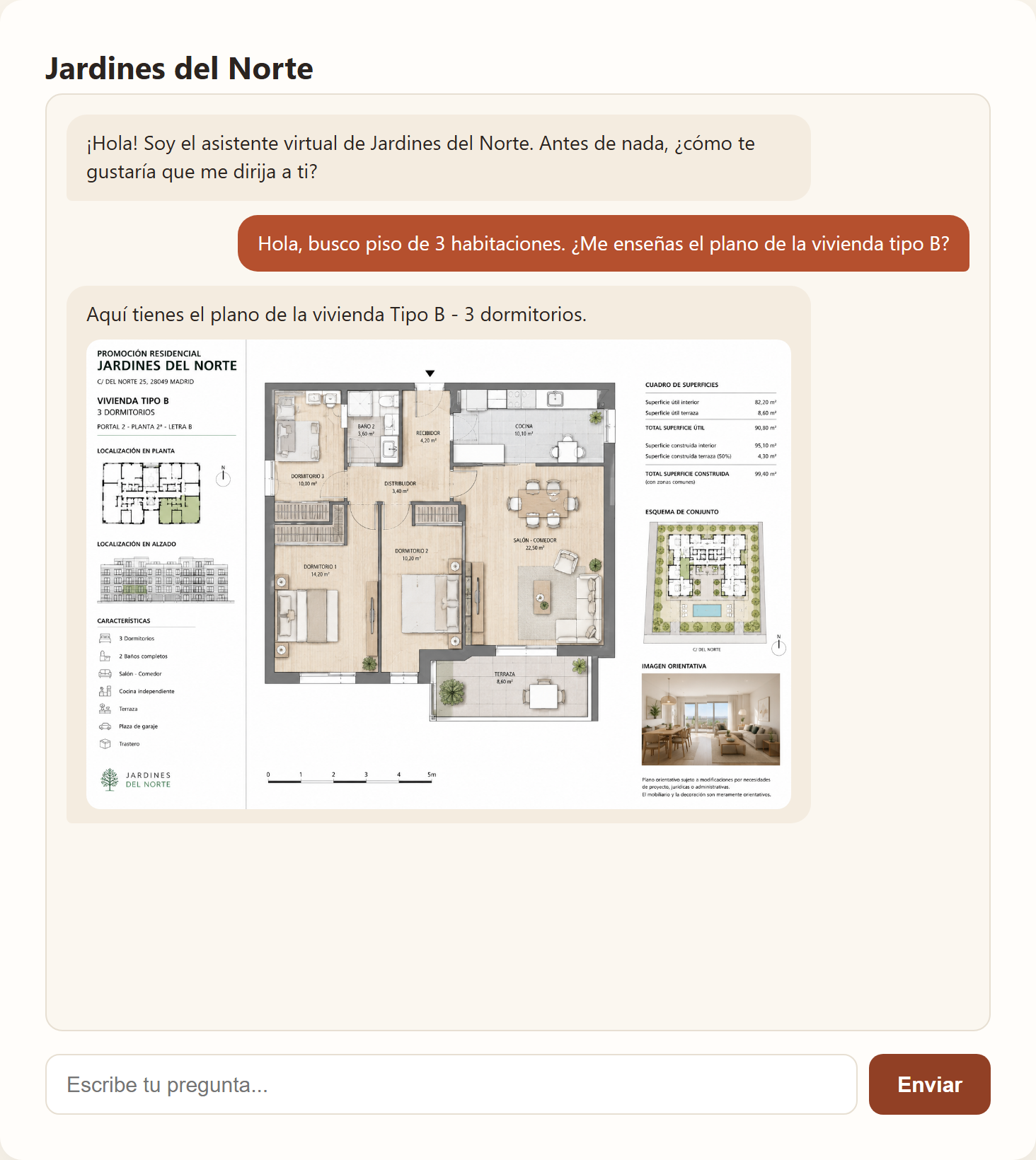 Chat público visto por un cliente: pregunta por el plano del ático y recibe respuesta con la imagen y el precio al instante.